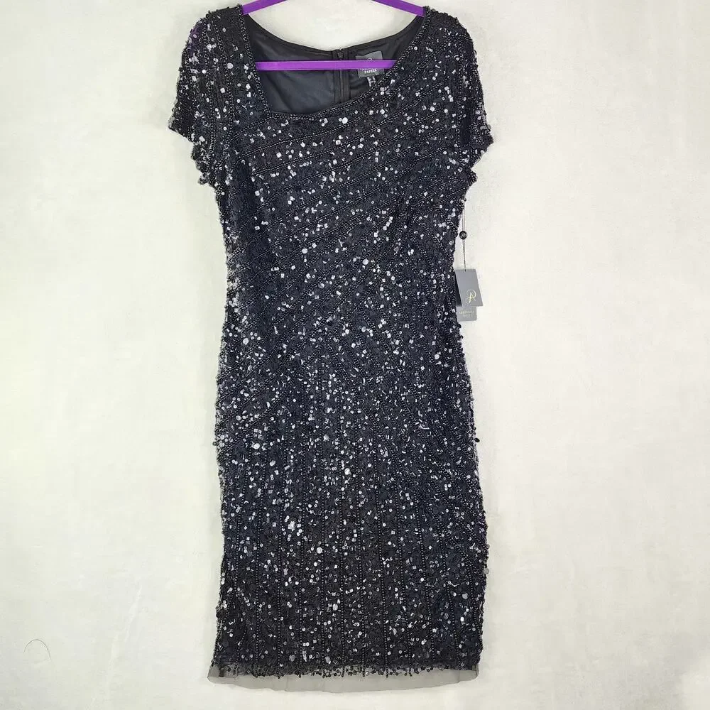 Adrianna Papell Cocktail Dress Women 14 Black Sequin & Beaded Mid Length Party